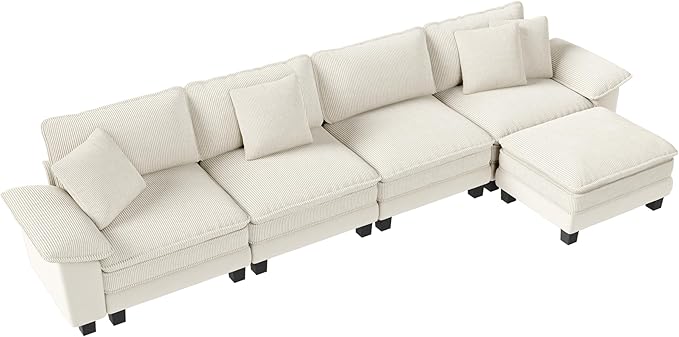 MIXPATIO 157-Inch L Shaped Sectional Sofa with Cloud Cushions, Deep Seat Modular Couch Set w/ 5 Seats & 1 Ottomans, Plush Chenille & Corduroy Upholstery for Living Room, Apartment - Beige