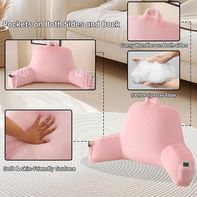 PAJEO Reading Pillow for Sitting in Bed, Large Backrest Reading Pillow with Arm Rest,Back-Rest Support Cushion for Sit Up on Couch, Sofa, and Floor, Dorm Essentials (Pink Faux Fur, Large(19"))