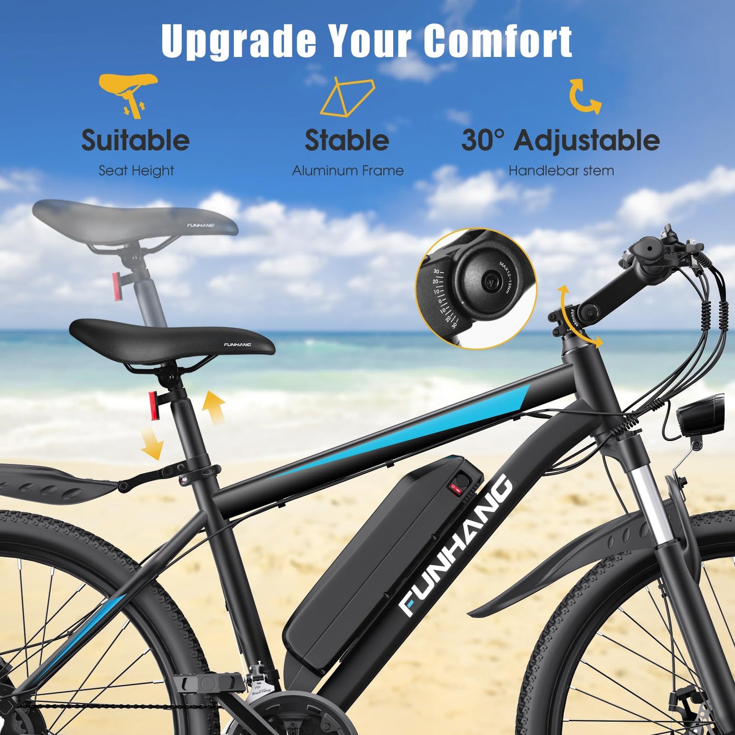 Funhang Electric Bike for Adults, Peak 1000W Ebike, 50Miles 21.7MPH Adult Electric Bicycles, 26" Electric Mountain Bike 48V 374.4WH Battery, Commuter E Bike with Adjustable Stem, Fenders, 21 Speed