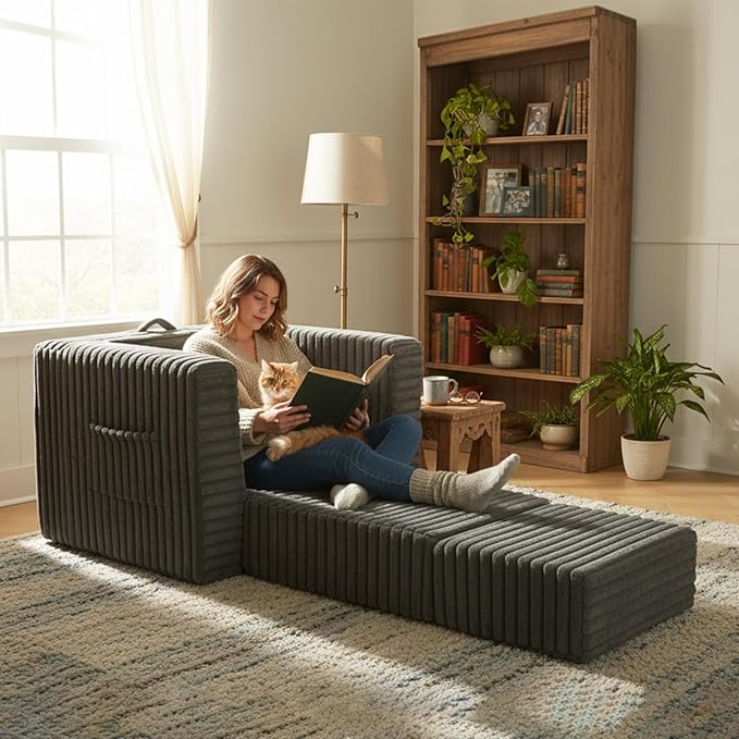 Welnow Folding Sofa Bed with Ottoman, Convertible 2-in-1 Boneless Couch Futon Lounge Chair Bed for Adults, Comfy Fold Out Sleeper Sofa for Small Spaces, Living Room, Bedroom, or Dorm, Dark Grey