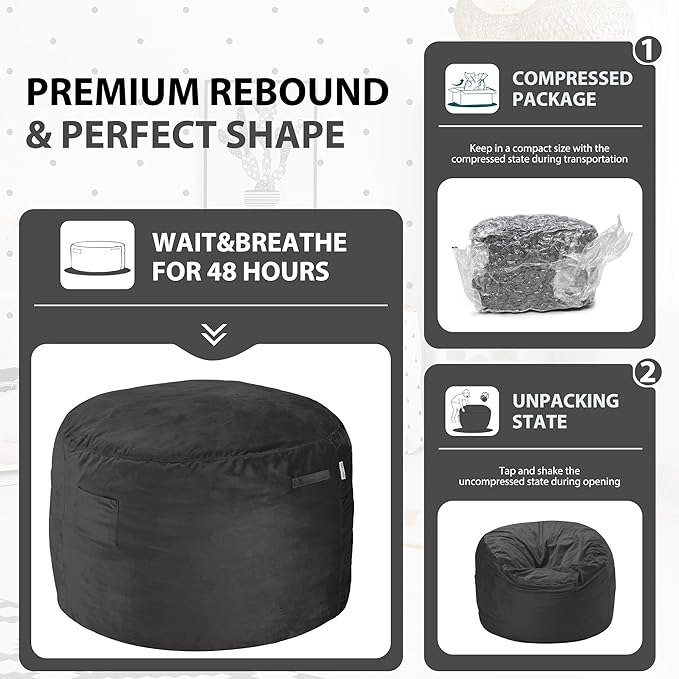 HABUTWAY Bean Bag Chair 3Ft Luxurious Velvet Ultra Soft Fur with High Rebound Memory Foam Bean Bag Chairs for Adults Plush Lazy Sofa with Fluffy Sponge 3' (Black New)