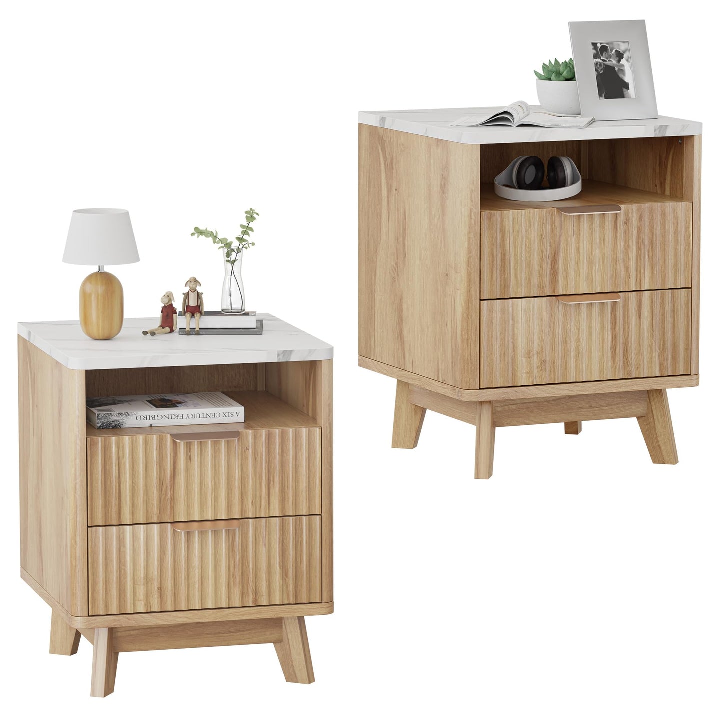 HOCAT Fluted Nightstand Set of 2, 18" Modern Bed Night Stand with Faux Marble Top, 2 Drawers, Open Storage Shelf, Living Room End Table, Curved Edge Bedside Table for Bedroom, Natural Oak