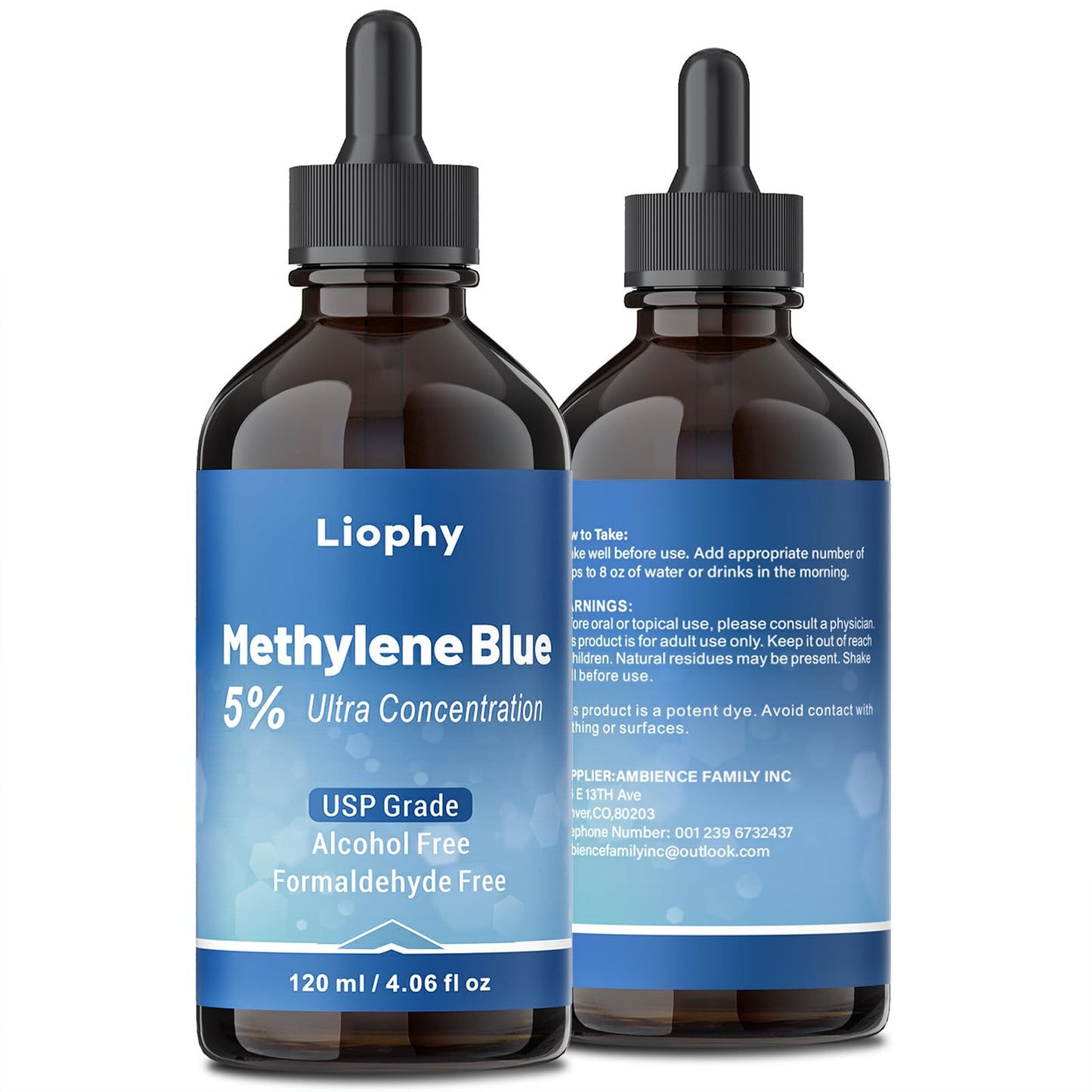 Liophy Methylene Blue Pharmaceutical Grade 5% Drops, 120 mL – High Purity 99.99% Methylene Blue for Humans, Formaldehyde and Alcohol Free (ups Grade)