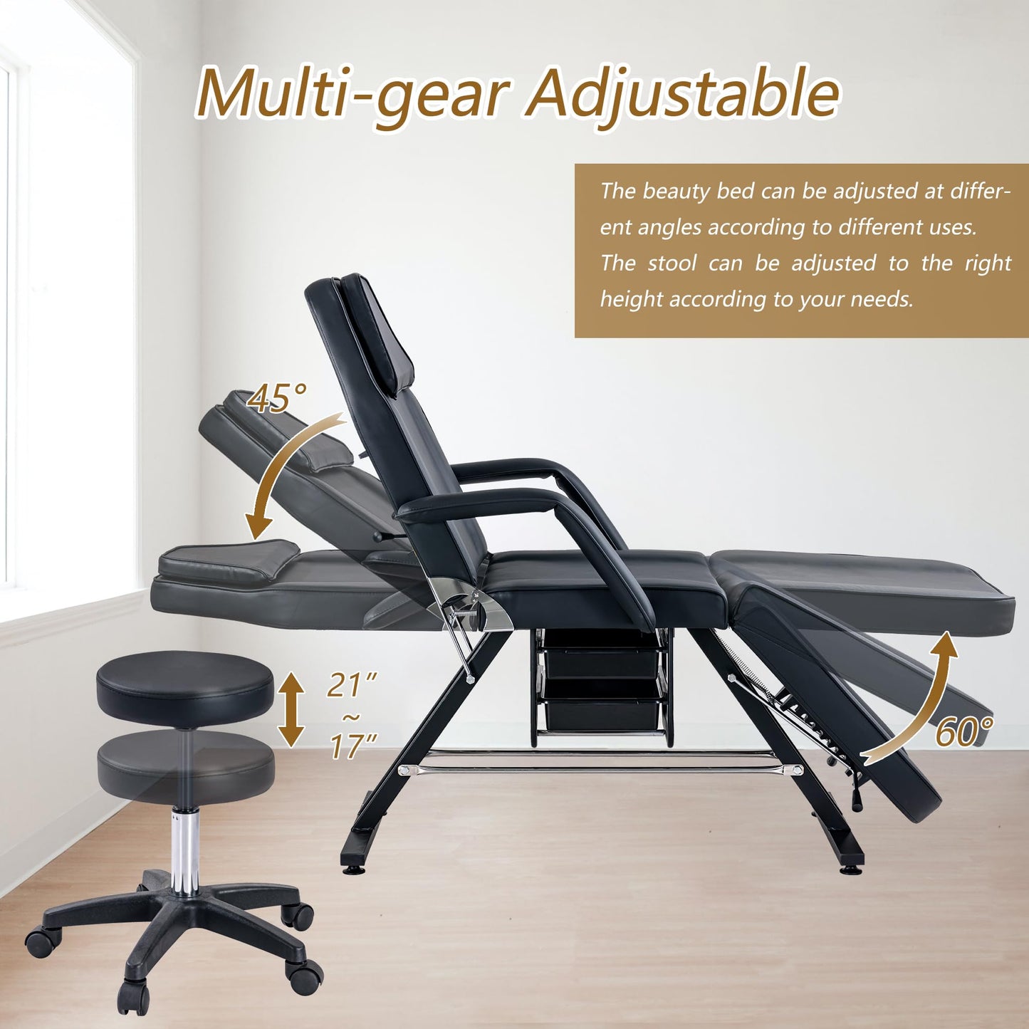 Favfurish Massage Salon Tattoo Chair,Multi-Purpose 3-Section Facial Bed Table, with Hydraulic Stool and Two Trays, Adjustable,fit for Beauty,Barber,Spa,Easy to Assemble, Faux Fur, Black