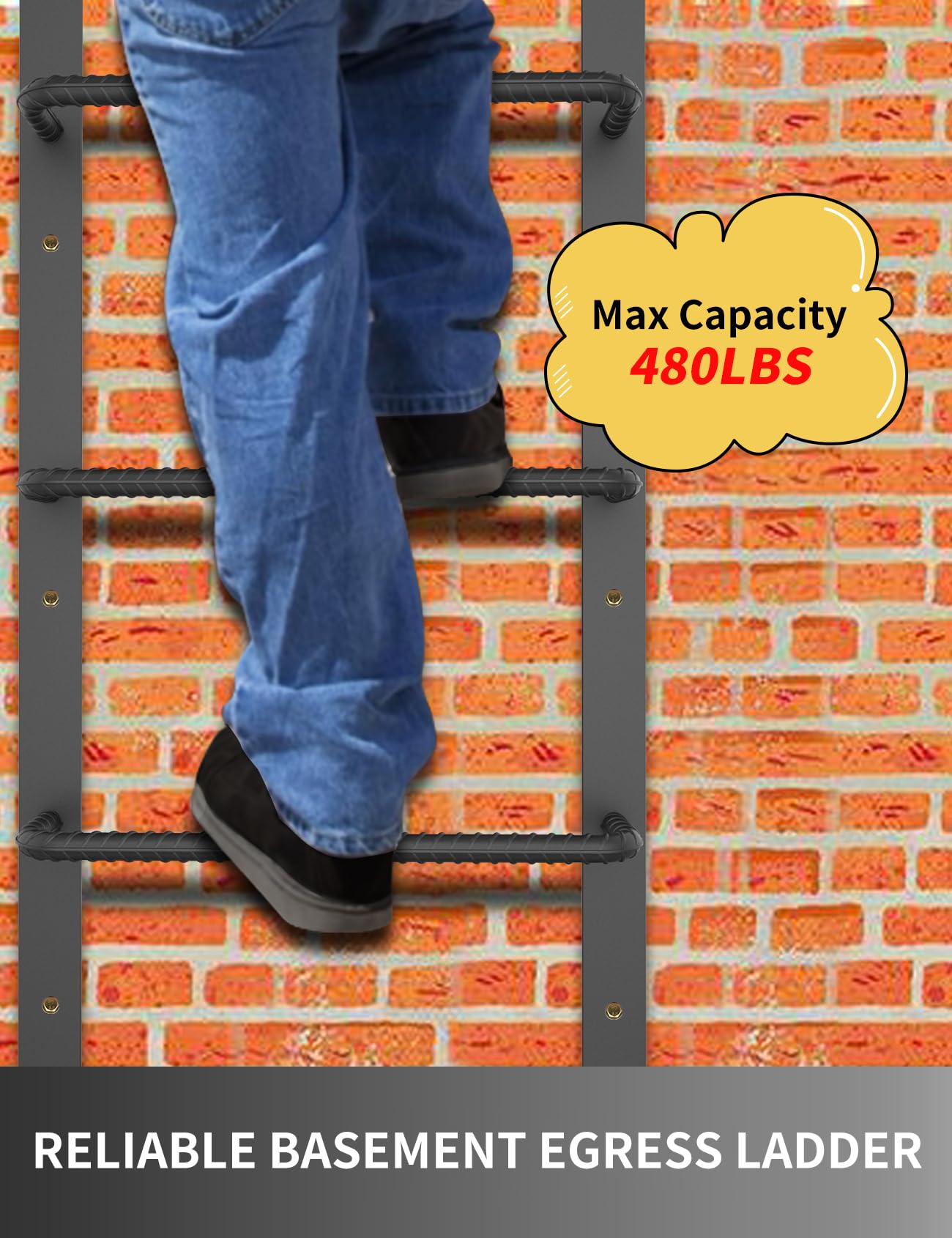 4-Rung Window Well Ladder, Heavy Duty Steel Basement Egress Ladder, Fire Escape for Emergency Home Safety(45.2" Lx17.9 W, Hooked, Matte Black)