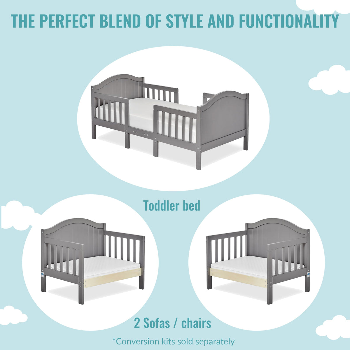 Dream On Me Portland 3 In 1 Convertible Toddler Bed in Steel Grey, Greenguard Gold Certified, JPMA Certified, Low To Floor Design, Non-Toxic Finish, Pinewood