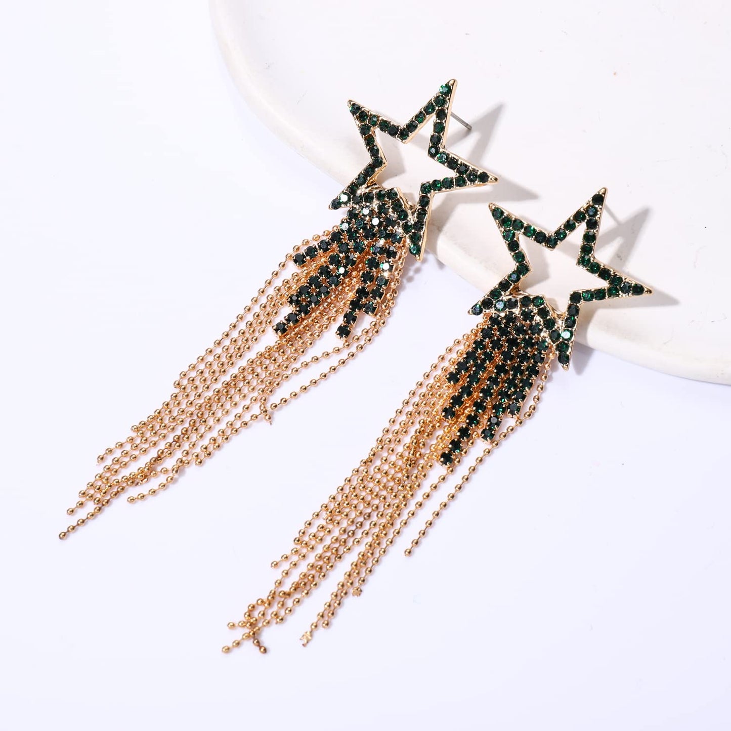 Womens Tassel Earrings Star Ear Stud Pave Crystal Dangle Earrings Boho Waterfall Beaded Fringe Drop Earring