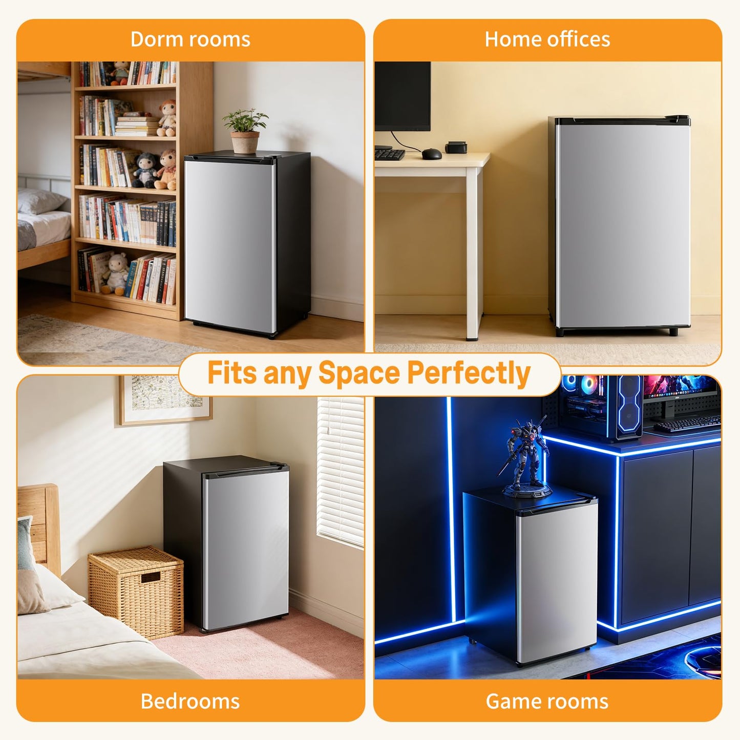 KMFurnila Mini Fridge with Freezer, 3.2 Cu.Ft Mini Refrigerators, Small Beverage Fridge with Adjustable Thermostat, for Bedroom, Office, Dorm, Single Door, Quiet & Energy Saving, Silver