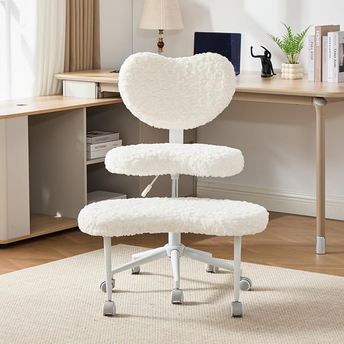 Cross Legged Office Chair with Wheels–360°Swivel Meditation Chair, Adjustable Height Yoga Office Chair for Adults, Ergonomic Kneeling Chair with Back Support for ADHD, Faux Fur, Cream