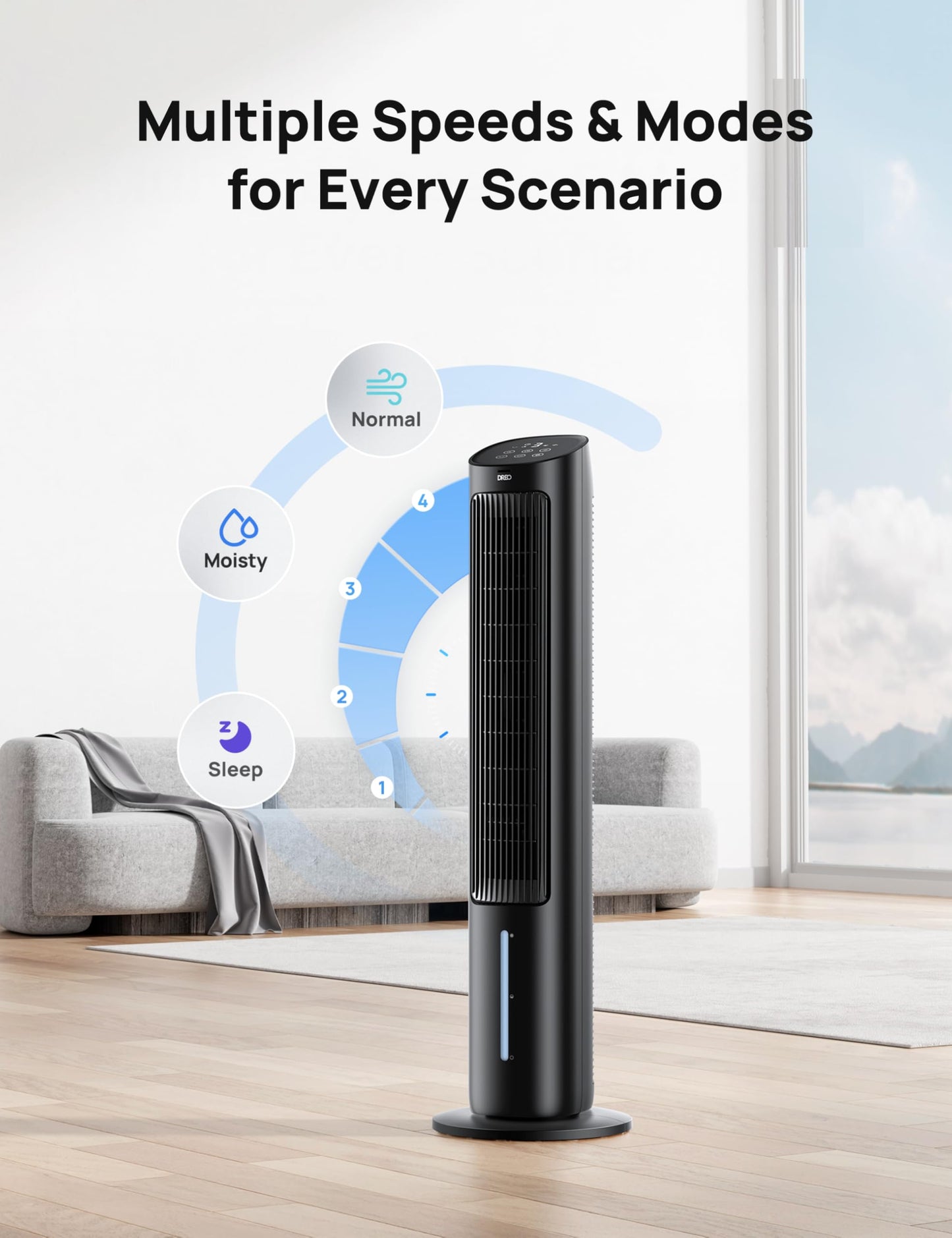 DREO Portable Air Conditioners Fan, 40” Standing Fans that Blow Cold Air, Portable AC，80° Oscillating Evaporative Air Cooler，Removable Water Tank, Ice Packs, Remote Control, 4 Speeds, 7H Timer, Black