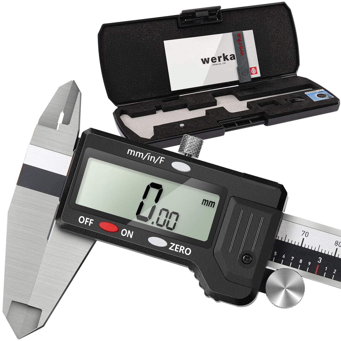 werka Digital Caliper, 0-6” Calipers Measuring Tool, Auto-Off Micrometer Caliper with 0.001”High-Accuracy,Inch/Fraction/Millimeter Conversions Button,4 Measuring Ways, Stainless Steel Construction