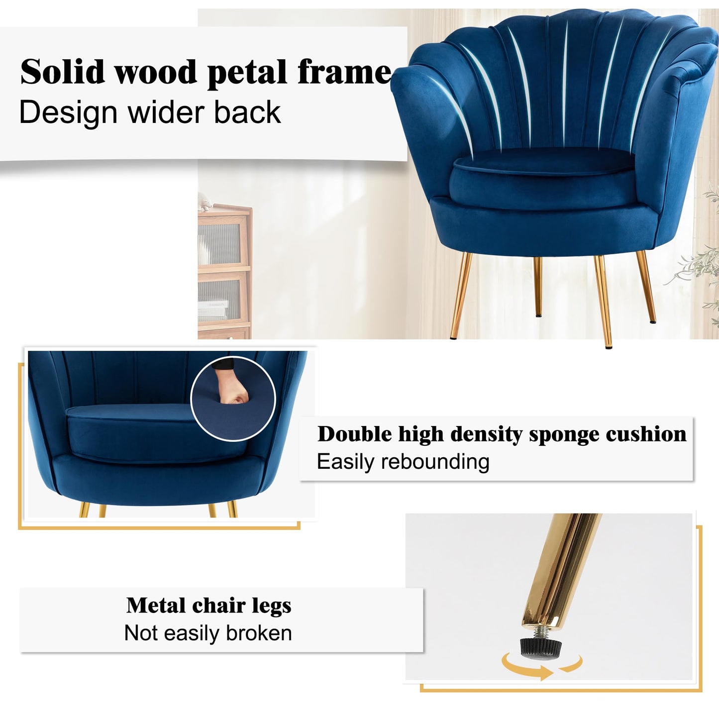 DAGONHIL Mid Century Modern Upholstered Accent Chair,Retro Leisure Velvet Single Sofa with Golden Metal Legs for Living Room/Bedroom(Navy Blue)