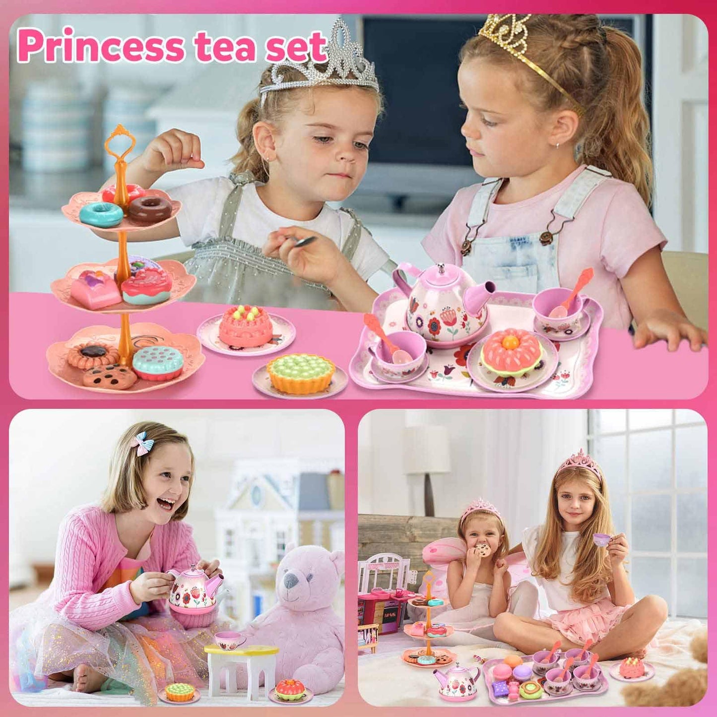Lajeje Tea Party Set for Toddlers & Little Girls Ages 3-6 – Princess Pretend Play Kitchen Toy with Tin Tea Set, Desserts & Carrying Case