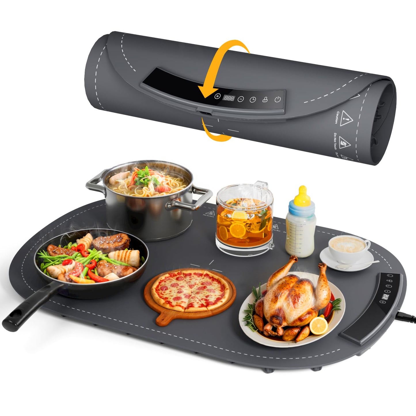 Warming Mat for Food - Food Warming Mats for Countertop, 8 Temperature Settings, 5s Fast Heating, 4 Hours Auto-Off, Foldable & Easy to Clean, Safe for Parties, Buffets, and Home Use(Grey)