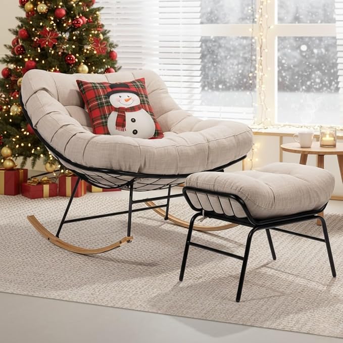 Bme Patio Rocking Chair Outdoor & Indoor with Ottoman, Metal Patio Lounge Rocking Chair with Thick Cushion, Comfy Modern Rocker Chair, Beige Cushion - Wood Texture Rocker