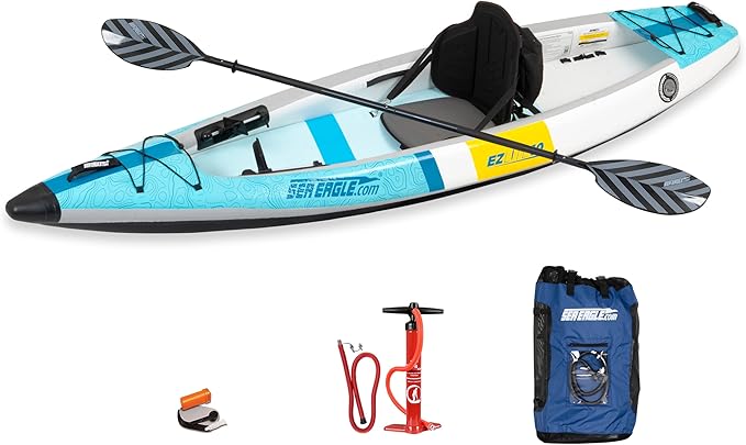 Sea Eagle EZLITE 10 Ultralight, All Woven, Drop Stitch, Rigid, High Performance, Easy Setup, 10' Solo Inflatable Kayak w/B...