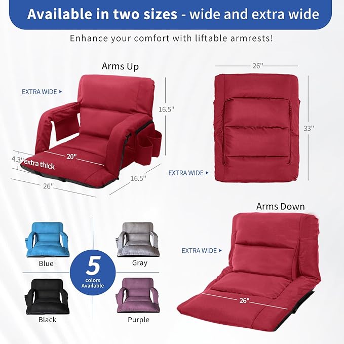 Stadium Seats with Back Support,Wide Stadium Chairs with Back and Cushion, Sofa Style Stadium Seats, 6 Reclining Positions, Extra Thick Bleacher Seat for Sports Events (Red-2 Pack,Wide|25")