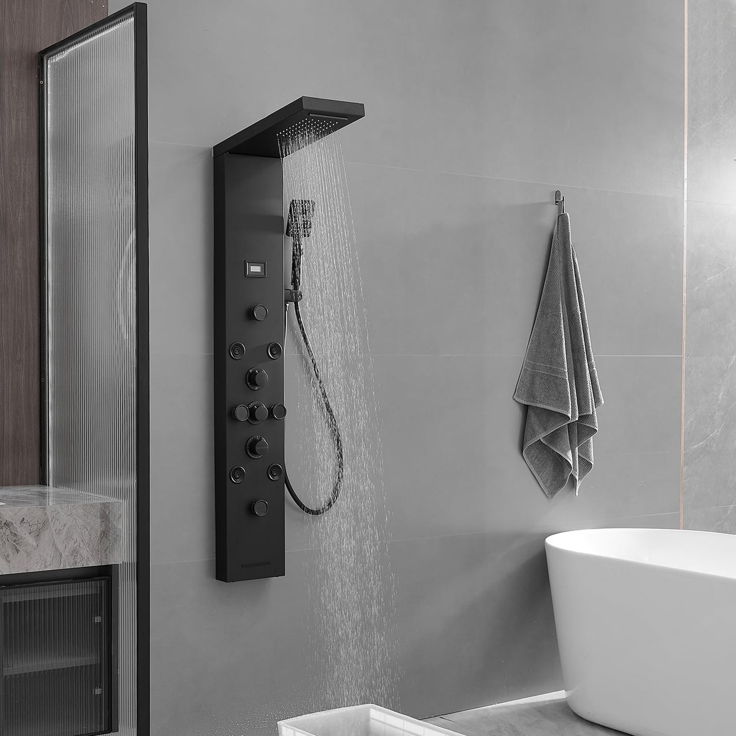 Greenspring Shower Panel Tower System, Stainless Steel Multi-Function Shower Panel, Shower Tower with 5 Body Jets Handheld Shower Wand Tub Spout and Rainfall Head Temperature Display, Black