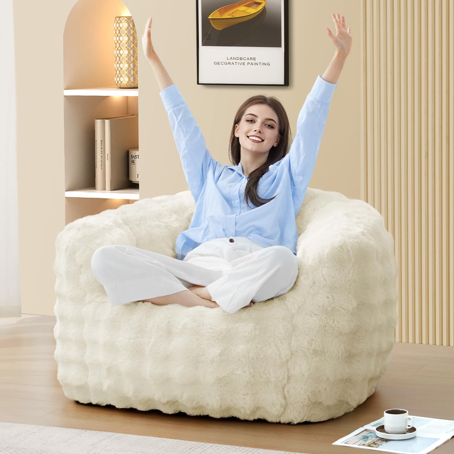 KINGYES Giant Bean Bag Chair, Oversized Bean Bag Couch for Adults, Beige(Pillow not Included)