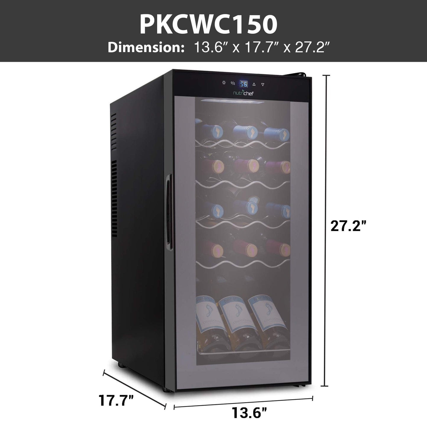 NutriChef Compressor Refrigerator White & Red Chiller Countertop Cooler-Freestanding Compact Mini Wine 15 Bottle Capacity, Digital, Glass Door, Black, Quiet Operation Fridge Touch Temperature Control