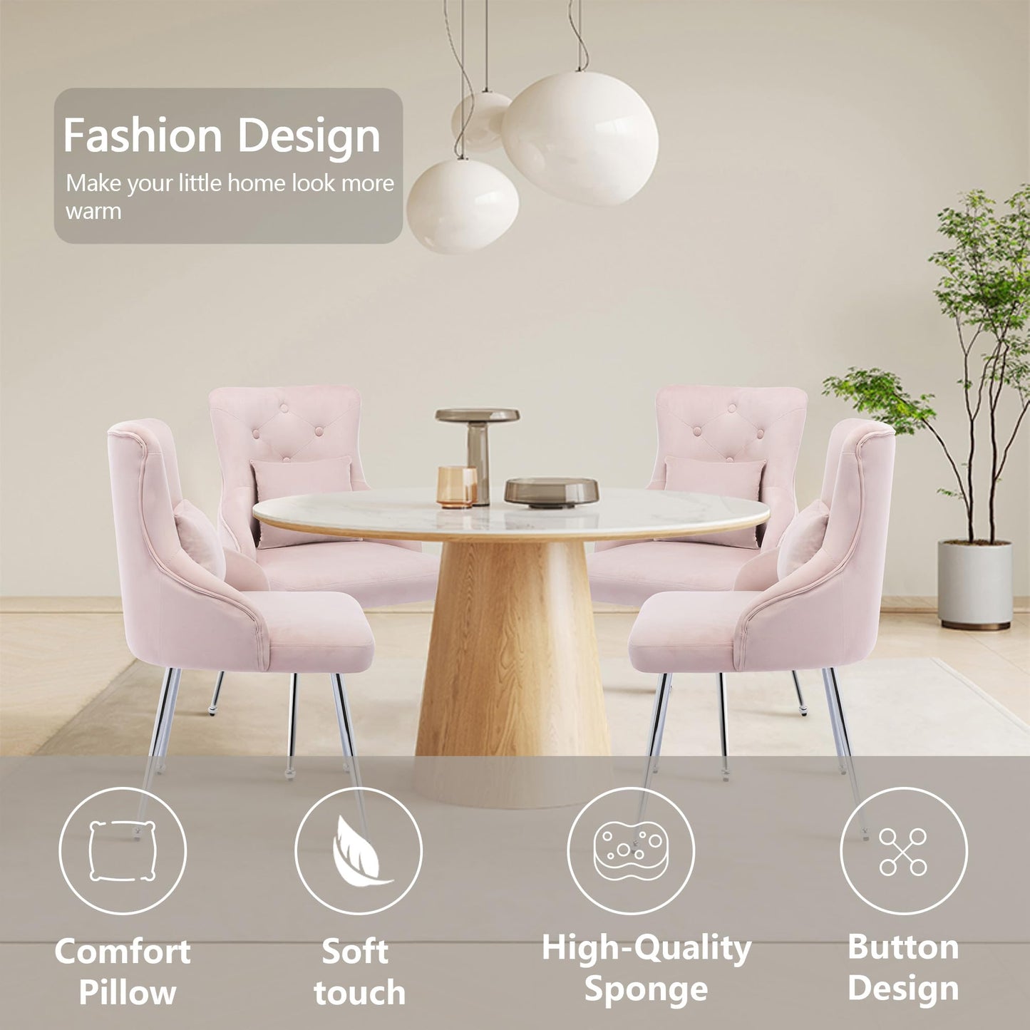 UDAX Velvet Vanity Dining Chairs, Upholstered Makeup Accent Reading Chair, Office Desk Vanity Stool Chairs with Metal Legs for Kitchen, Bedroom, Living Room, Pink
