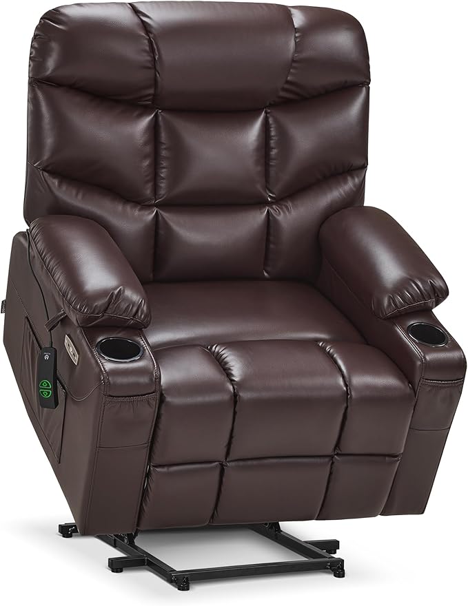 MCombo Oversized Power Lift Recliner Chair with Extended Footrest, Extra Wide 27.2" for Big and Tall Elderly People, Faux Leather R7289 (Dark Brown, Medium-Oversize)
