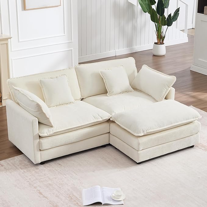 KIVENJAJA Chenille L-Shaped Modular Sectional Sofa, Modern Loveseat Comfy Deep Seat Cloud Couch with Ottoman/Chaise & 4 Pillows for Living Room Office Apartment, 76.7" W, Beige