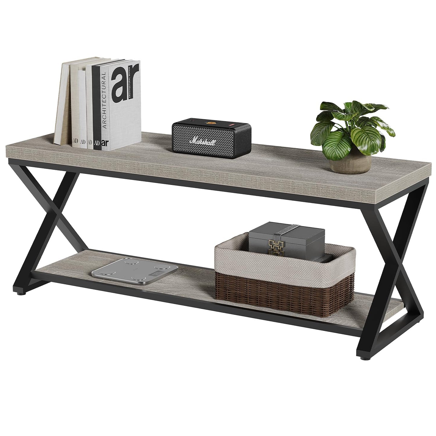 IBF Industrial Wood Entryway Bench, Indoor Farmhouse Hallway Accent Entry Bench for Seating Sitting with Storage, Metal Shoe Rack Grey Bench Organizer in Foyer Bedroom, Light Grey Oak, 47 Inch Long