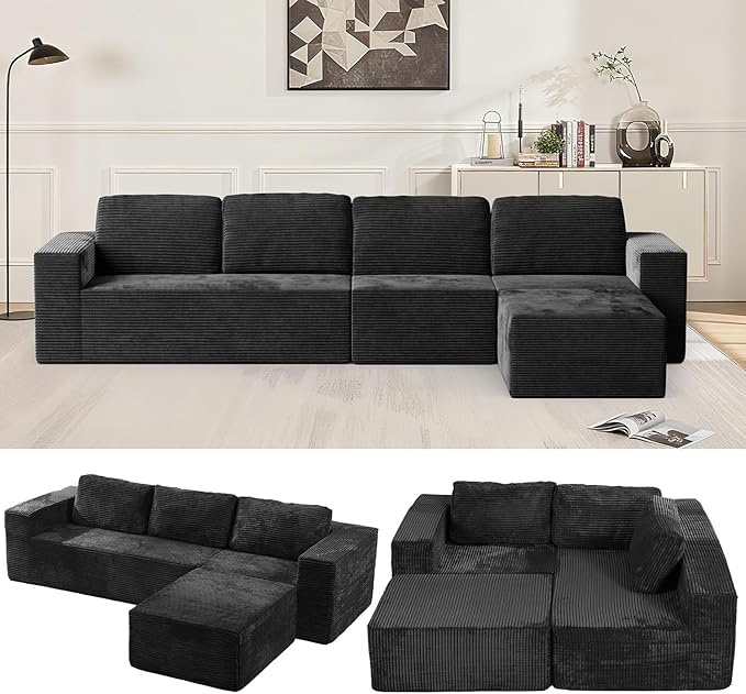 Furnify 136" Modular Sectional Sofa with L-Shape Chaise, Right/Left Facing Deep Seat Cloud Couch, No Assembly Required, Upholstered Couch for Living Room Bedroom (Black, Plush Corduroy Fabric)