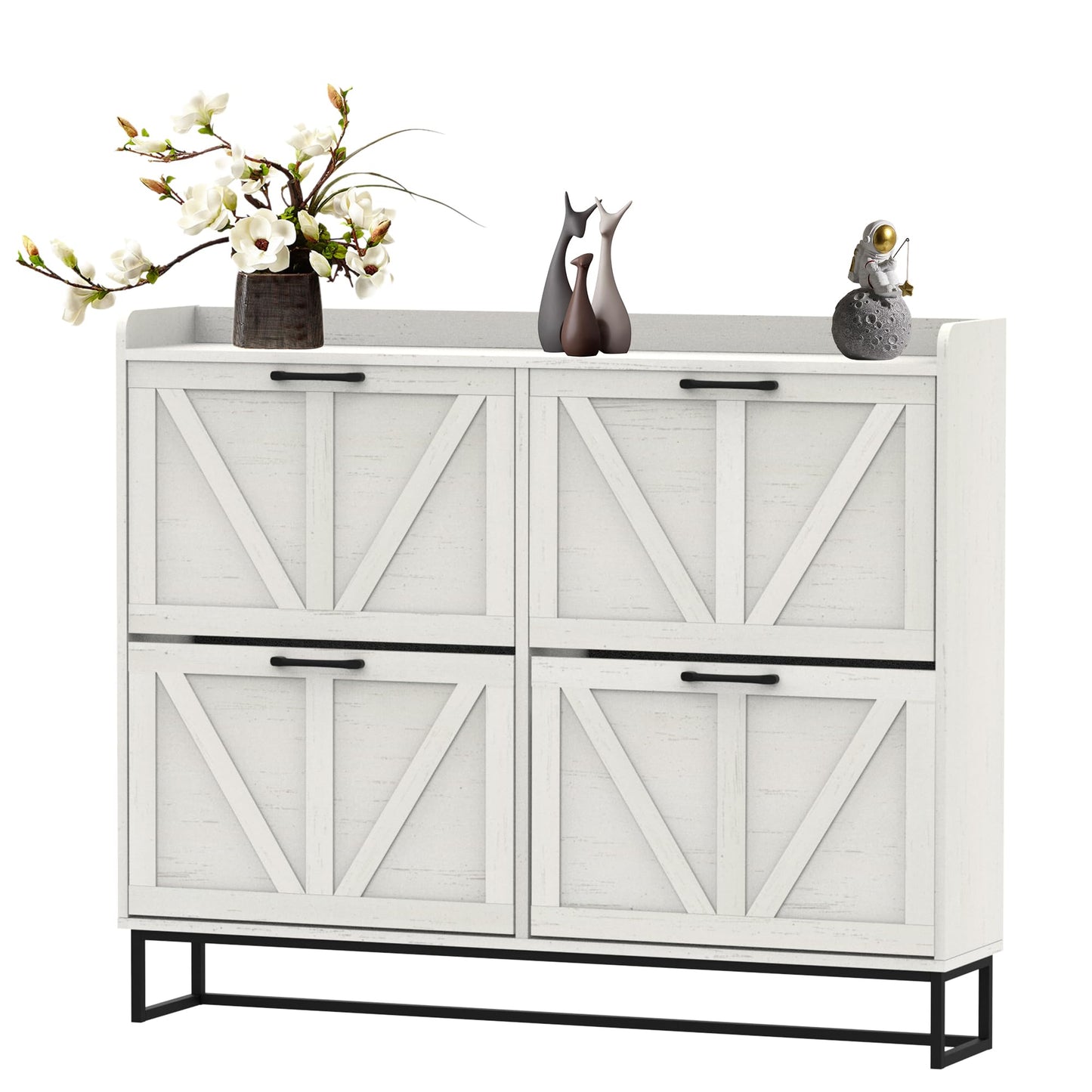 VINYUSE Shoe Cabinet with 4 Flip Drawers, Shoe Storage Cabinet for Entryway, Freestanding Hidden Shoe Cabinet Organizer with Open Storage, Narrow Shoe Rack with Metal Legs, Oak White