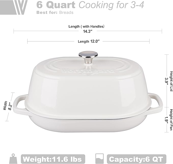 Enameled Cast Iron Dutch Oven Pot with Dome Lid, Oval Bread Oven for Homemade Sourdough Bread Baking, Oven Safe up to 500°F, 6 Quart, White