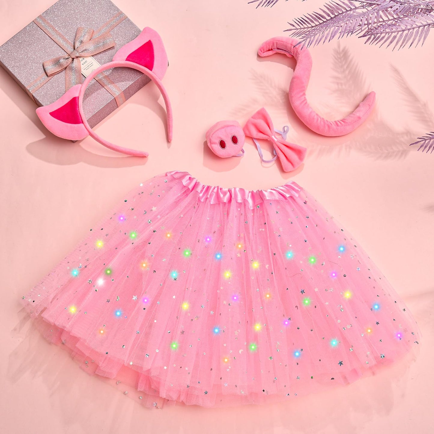 G.C Kids Light Up Pig Costume Girls Pig Ears Headband Nose Tail Bow Tie Tutu Skirt Accessories Animal Costumes Halloween Cosplay Birthday Gifts
