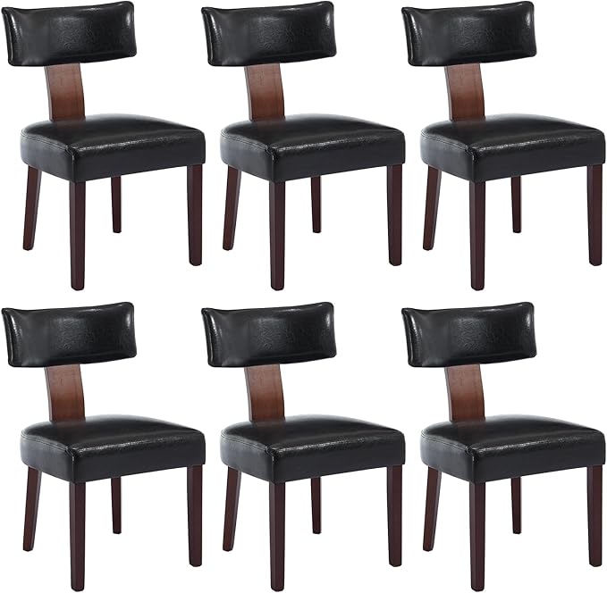KHISCHMO Mid Century Modern Dining Chairs, Upholstered Pu Leather Fabric Chairs with Curved Backrest and Wood Legs, Comfy Kitchen Vanity Chairs for Dining Room/Living Room/Kitchen, Set of 6 Black