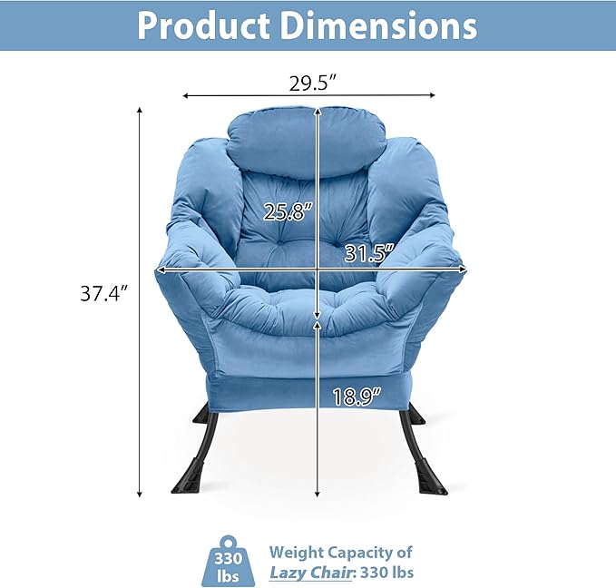 Youtanic Lazy Chair Thick Padded, Comfy Velvet Accent Lounge Chair with Stable Frame, Leisure Sofa Armchair with Armrests and Side Pocket, Reading Chair for Bedroom, Living Room, Office, Light Blue