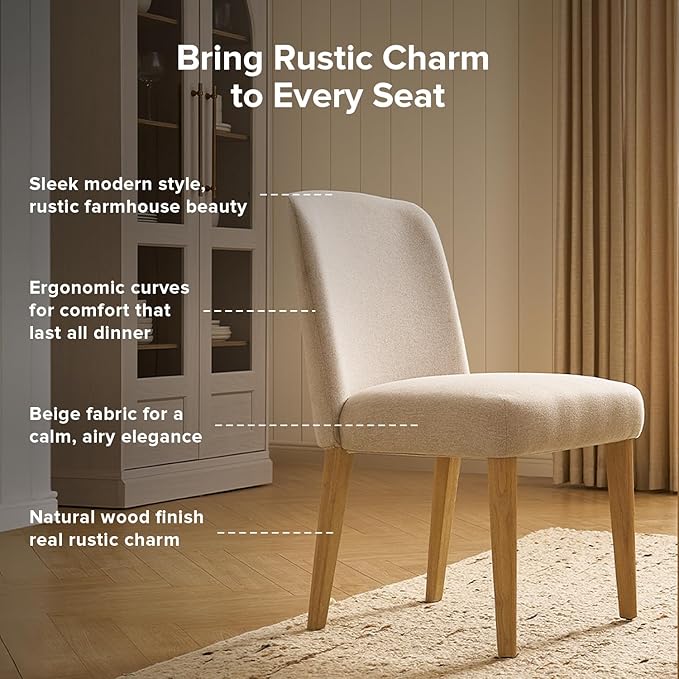 mopio Logan Upholstered Beige Parson Dining Chair Set of 2, Modern Farmhouse Solid Light Oak Wood with Ergonomic Curved Back Rest for Dining Room and Kitchen