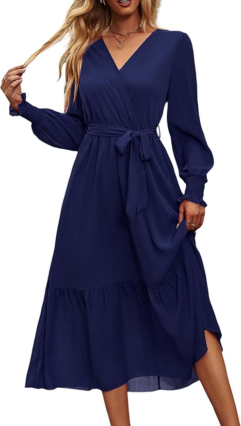PRETTYGARDEN Women's Floral Boho Dress Fall Long Sleeve Wrap V Neck Ruffle Flowy Maxi Spring Wedding Guest Vacation Dresses