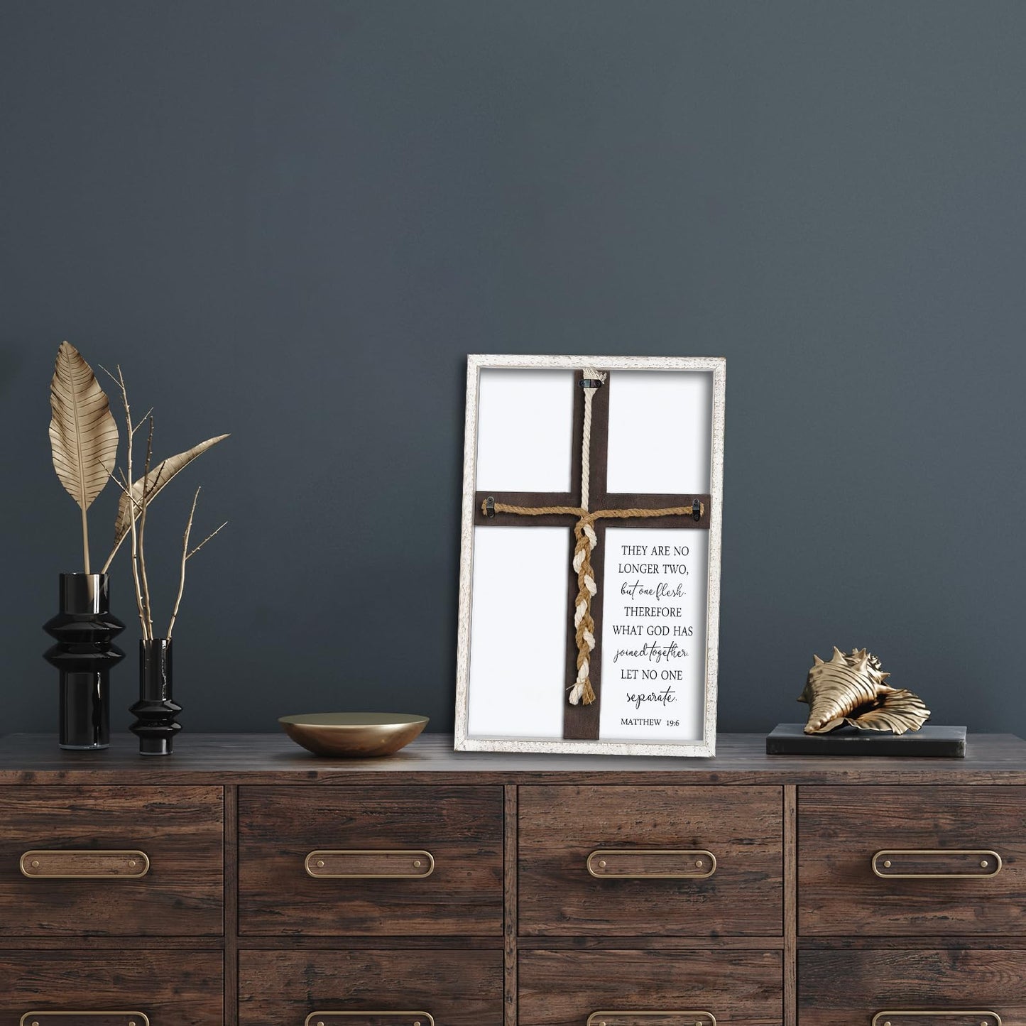 Matthew 19:6 What God Has Joined Sign 15"X10" Cord of Three Strands Braid for Wedding Ceremony Cross Ideas Wood Frame Christian Marriage Gifts Decor for Couple Anniversary Religious (White)