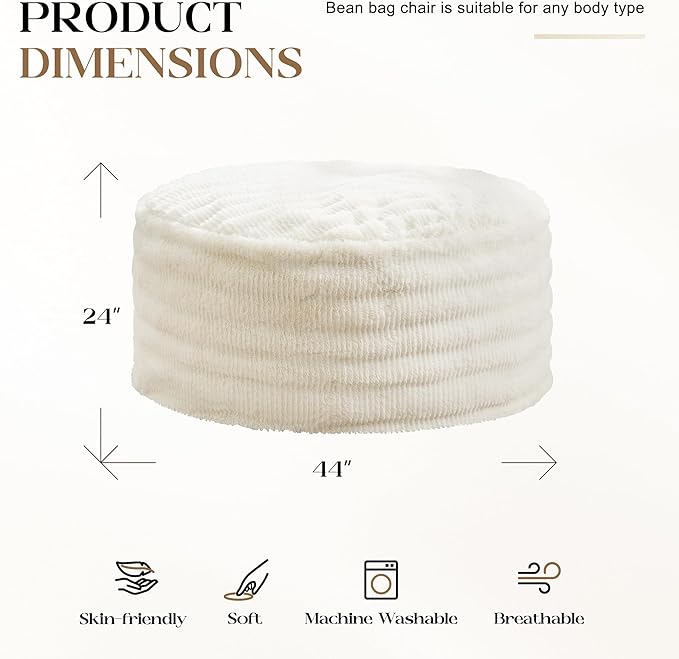Hobestluk Bean Bag Chairs Beanbag Chair with Filler Adult Bean Bags with Fluffy Ripple Cover, Giant Bean Bag Chairs for Adults (White, 4FT - 44" x 44" x 24")