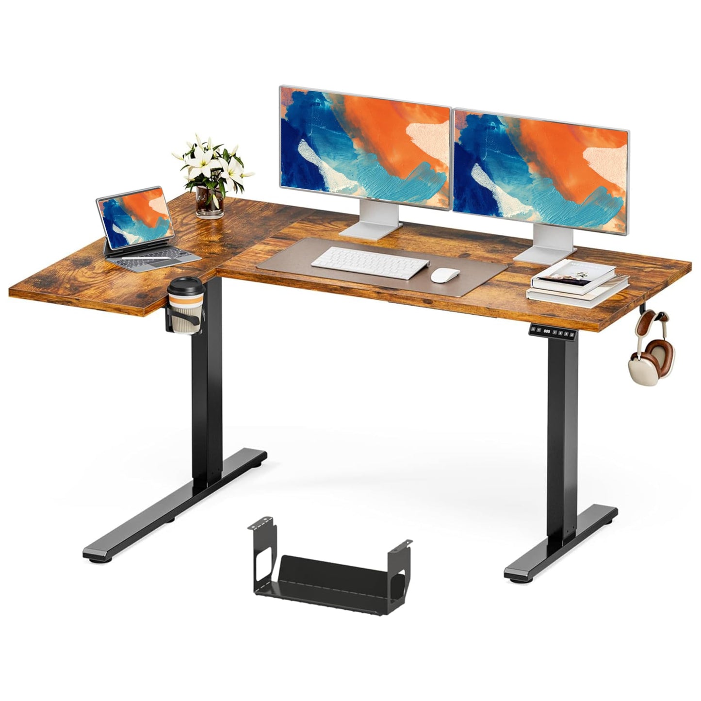 Muvai 59 Inch L Shaped Standing Desk Adjustable Height with Cable Management Tray,Gaming Electric Corner Standing Desk, Sit Stand Computer Table with Reversiable Splice Board,Rustic Brown
