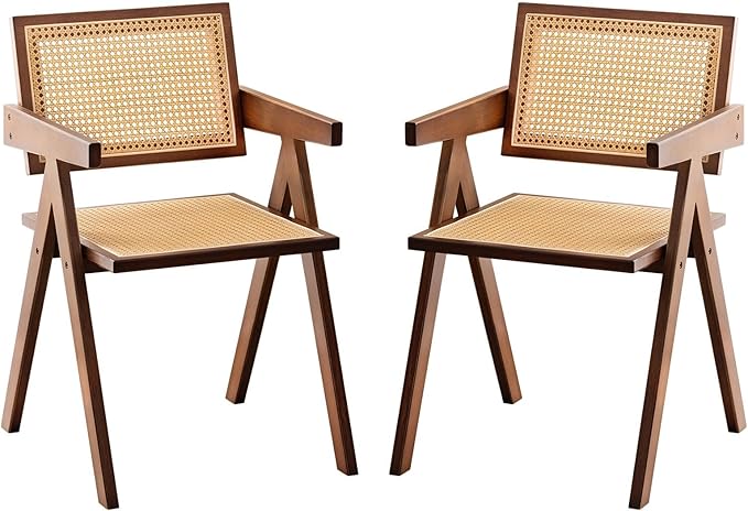 Furlide Rattan Accent Chairs, Modern Mid Century Dining Chairs Set of 2, Comfy Armchairs, Outdoor Rattan Chairs with Armrest for Bedroom Living Room Reading Room Dining Kitchen, Brown