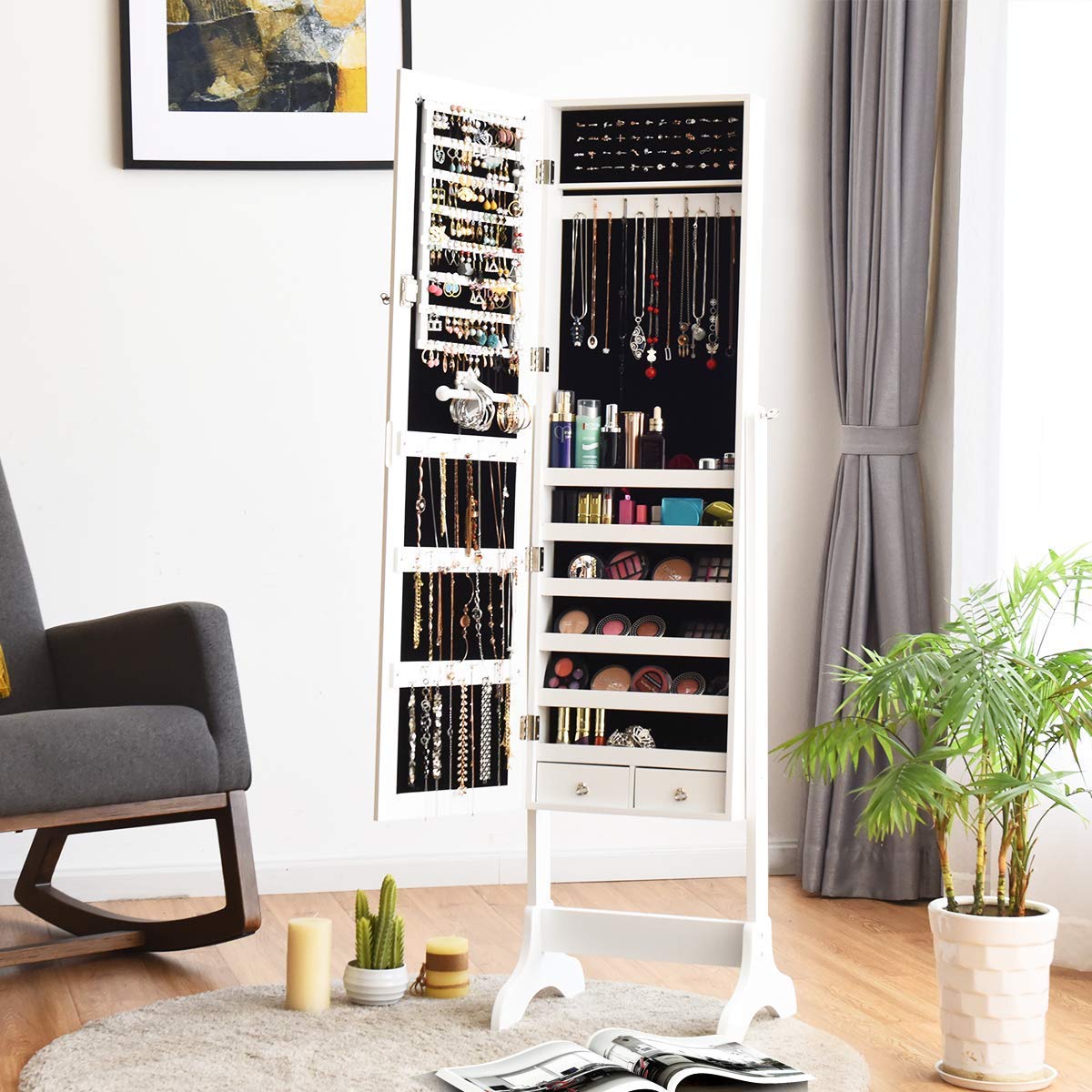 Mirror Wood Standing Jewelry Cabinet, Lockable Standing Jewelry Armoire with Key, Large Storage Capacity Jewelry Cabinet Organizer with 2 Drawers, 4 Angel Adjustable (White)