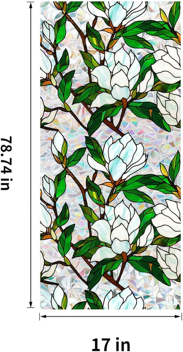 Stained Glass Window Film UV Resistant Window Privacy Film White Floral Privacy Rainbow Decals Living Room Bedroom Sun Blocking Decor Removable Static Cling Stickers 17 x 78.74 Inch
