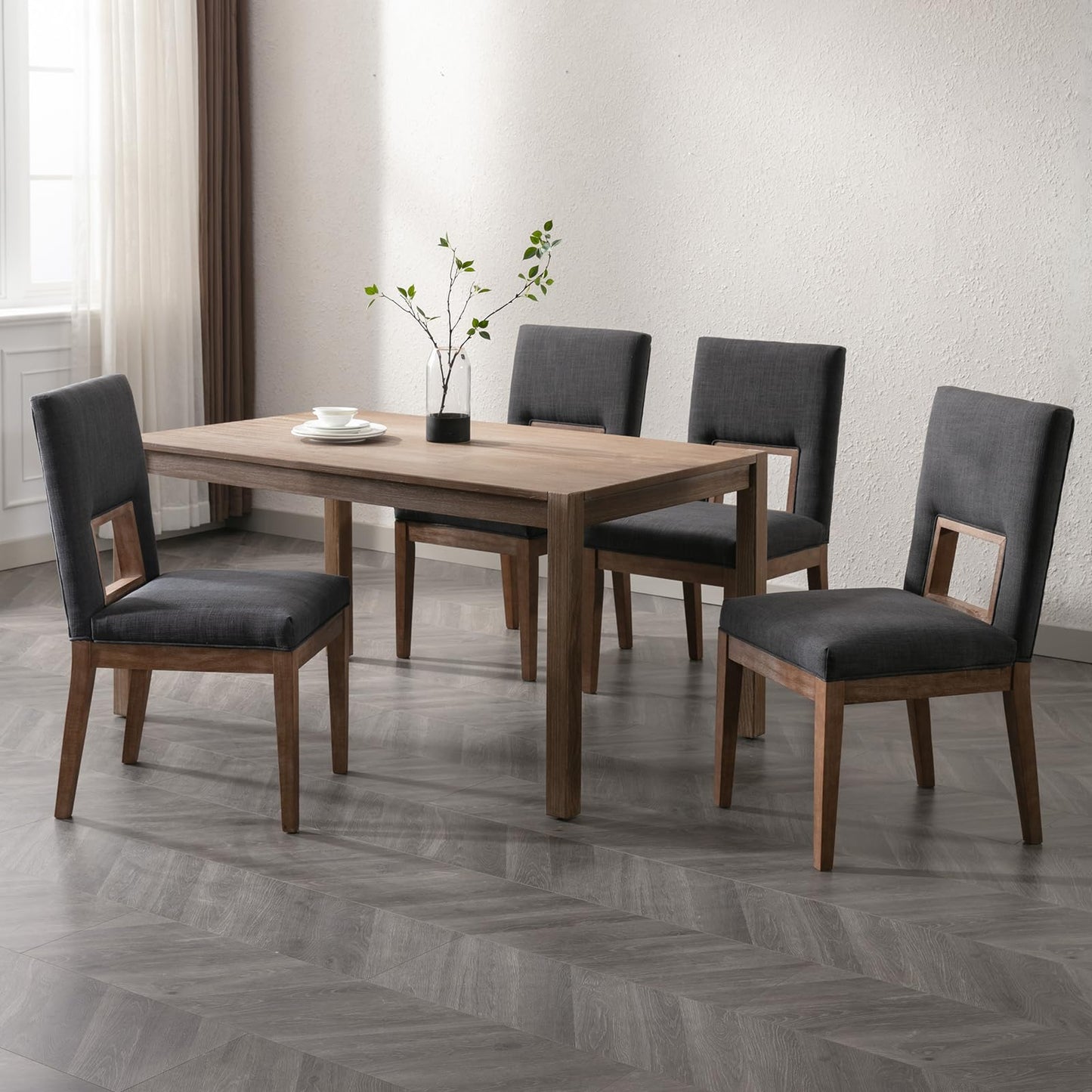 Janoray Farmhouse Dining Chairs Set of 2, Linen Upholstered Solid Wood Chair with Highback, Comfy Accent Side Chair for Kitchen & Dining Room/Living Room/Restaurant,Dark Grey