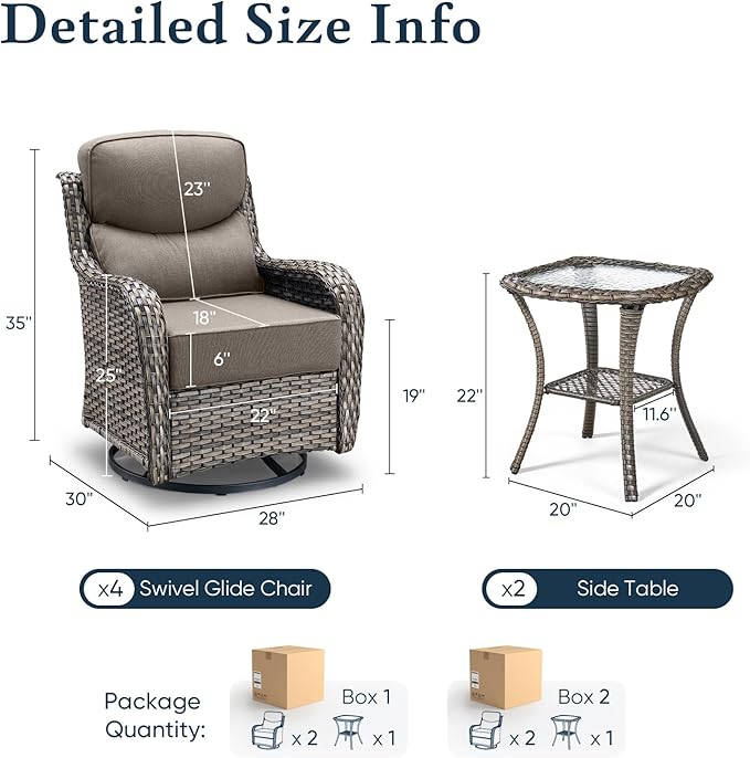 Belord Luxury 6" Thick Cushioned Outdoor Swivel Rocker Patio Chairs Set of 4 with Side Table, High Back Wicker Furniture Set with Ergonomic Zone Back, Conversation Set for Deck Porch - Grey+Grey