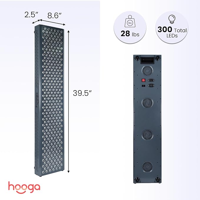 Hooga Red Light Therapy, Red Near Infrared LED Panel, 300 Quad Chip Flicker Free LEDs, Ultra Series, Clinical Grade Device for General Health and Wellness. ULTRA1500.