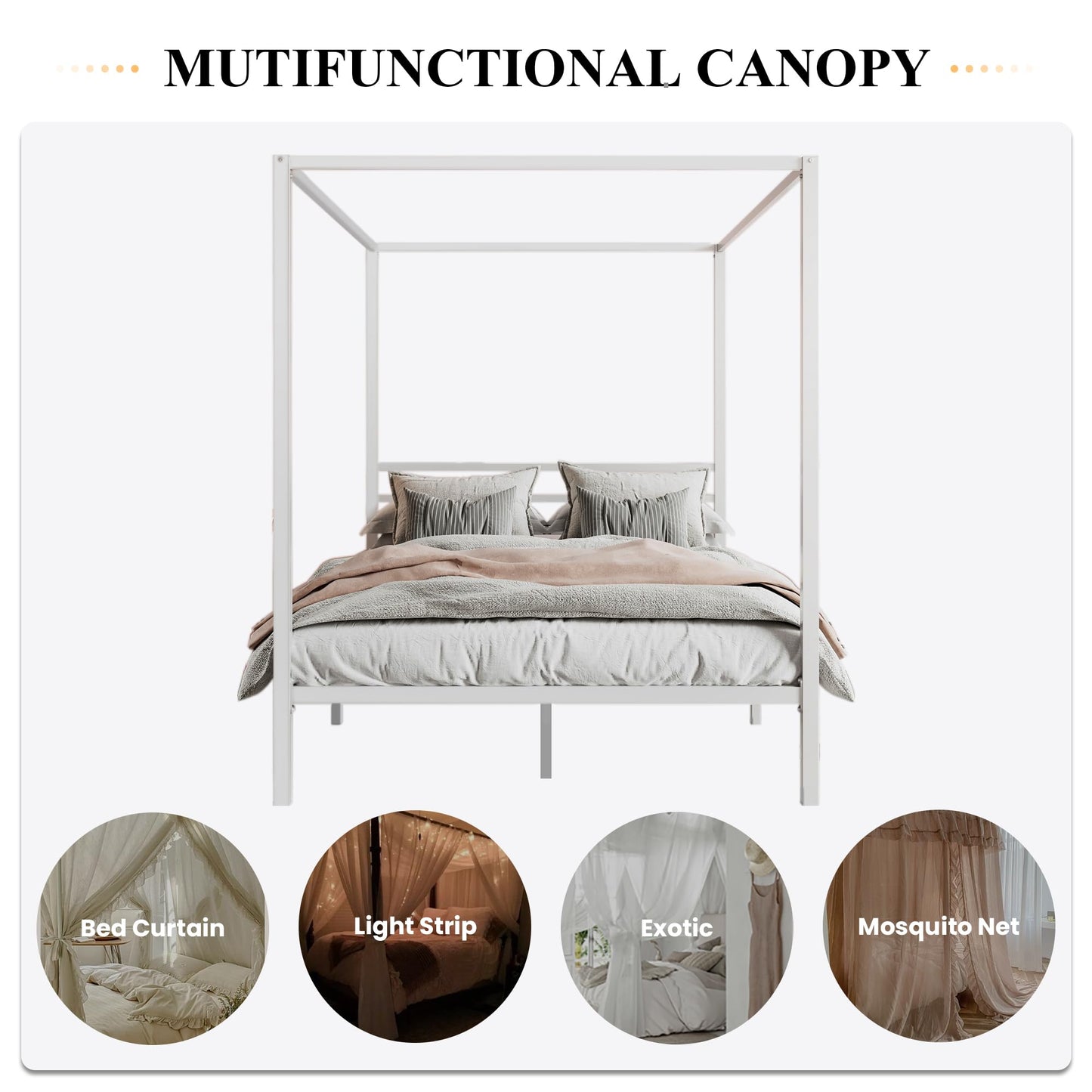 SHA CERLIN Canopy Bed Frame Full Size/Mattress Foundation with Metal Slats Support/No Box Spring Needed/Easy Assembly/White