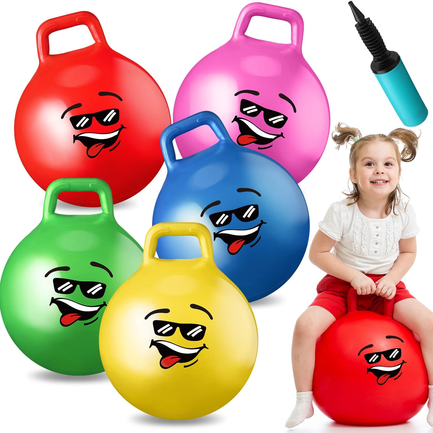 Tinlade 5 Pcs Hopper Ball for Kid Bounce Balls with Handles 18 Inch Large Jumping Hopping Inflatable Hippity Hop Ball with Air Pump Ride on Toys for Carnival Outdoor Sports Games Balance Exercise