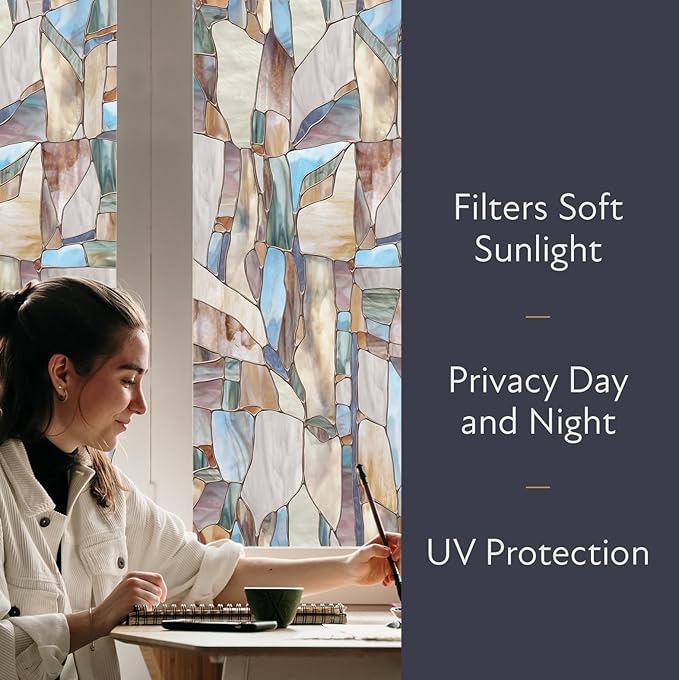 Artscape Mesa 24 x 36 Inch Window Film, Made in USA – Provides Privacy, Non-Adhesive, Colorful Stained Glass Pattern, UV Protection, Easy to Apply and Removable