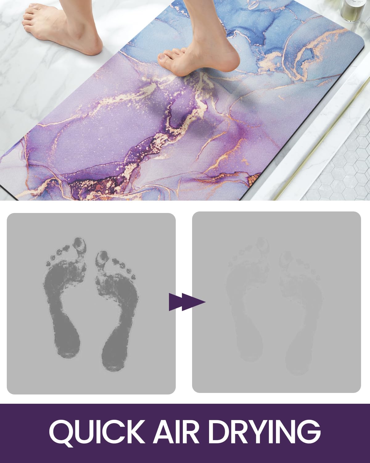 DEXI Bathroom Mat Ultra Thin, Non Slip Bath Rug for Shower Floor, Absorbent Quick Dry Marble Bathmats Low Profile, 16x24, Blue and Purple