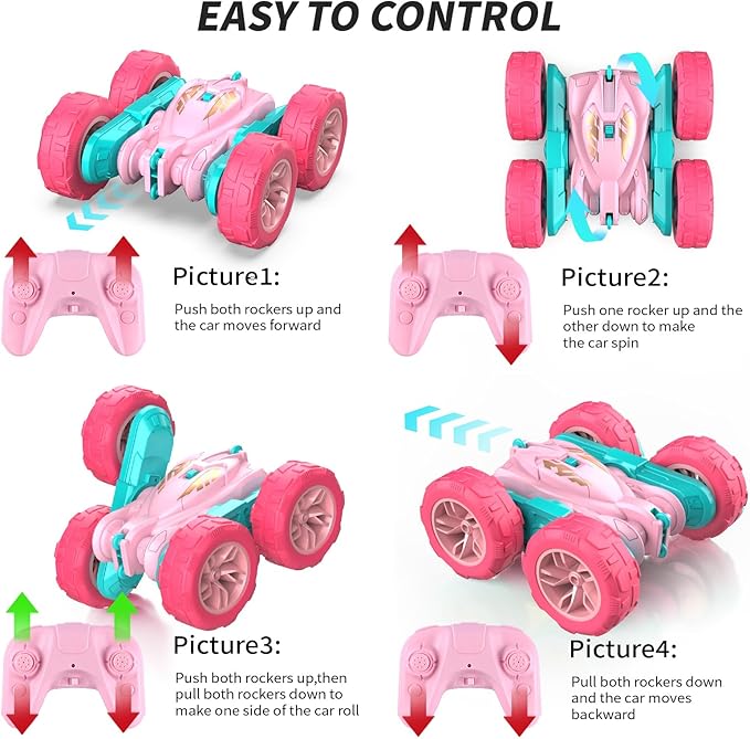 Pink Remote Control Car for Girls，2.4 Ghz Double Sided RC Cars 360° Rotating Remote Control Crawler with USB-C Easy Charging Car Toys for 4 5 6 7 8 9 10 Girls Birthday Gift Grandkids